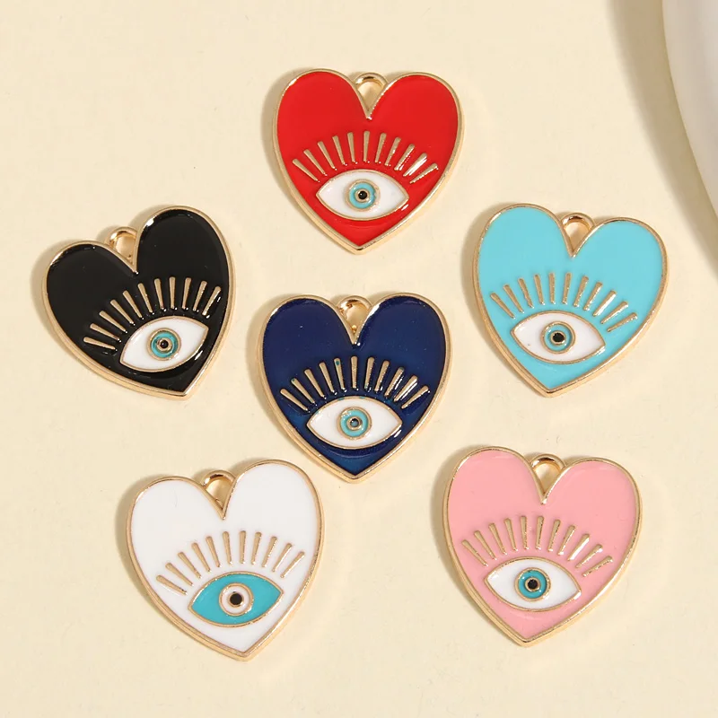 10pcs Gold Color 20x20mm Cute Enamel Heart Eye Charms Eyelash Pendant Fit Necklaces DIY Handmade Jewelry Making Finding Supplies