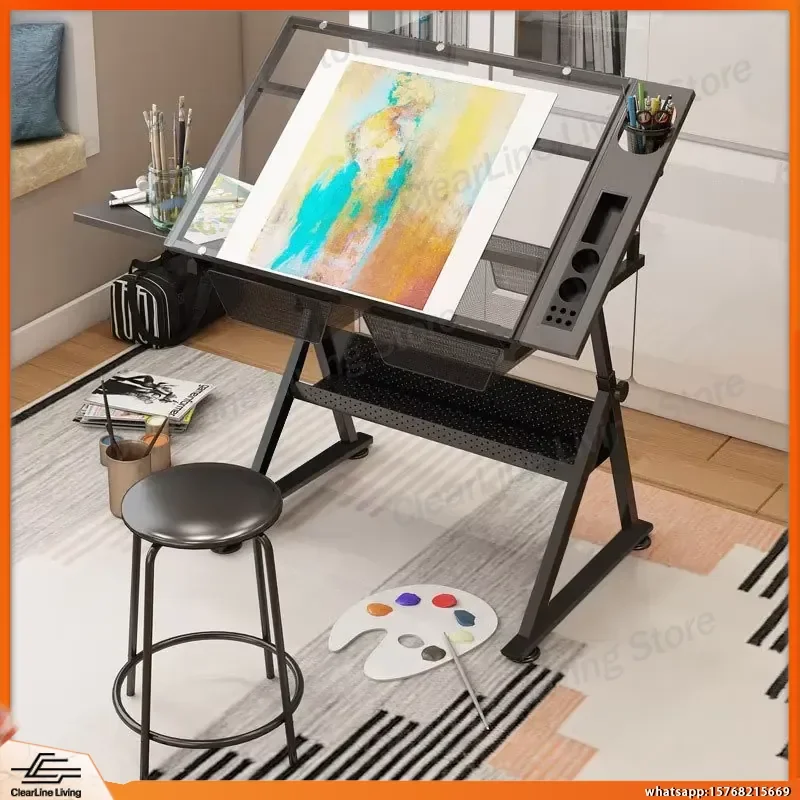 Adjustable Height Glass Drawing Desk Multifunctional Art Drafting Table for Home Office Study Room Computer Desk Workstation