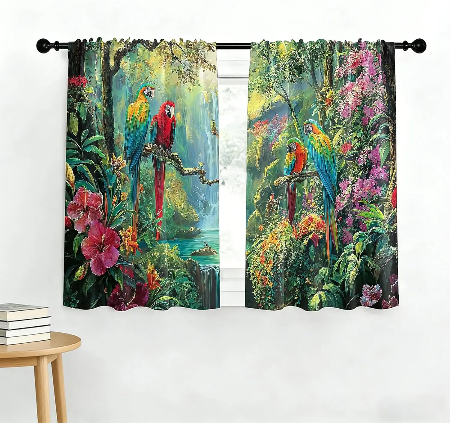 Tropical Jungle Parrot Kitchen Curtains， 2 Panels Rod Pocket Small Cafe Curtain Window Drapes Treatment Bathroom Home Decor