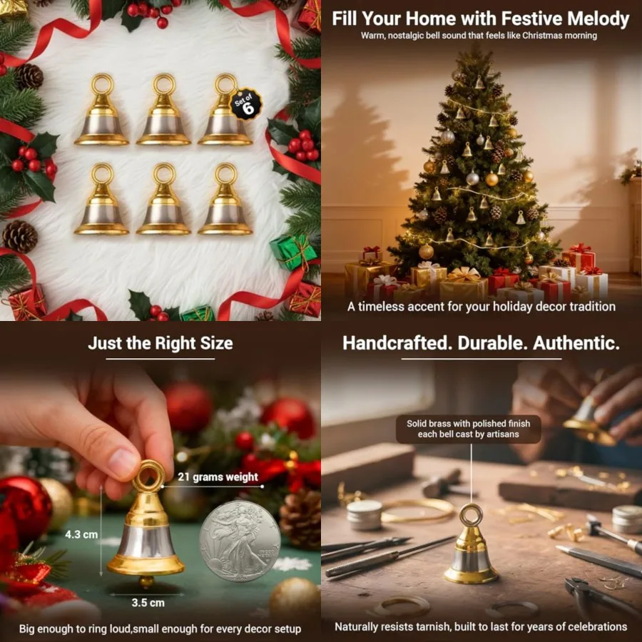 

Набор из 6 средних металлических колокольчиков SATVIK Sacred Echoes с петлей для подвешивания, для аксессуаров для подношений, декора храмов и дома, рождественские колокольчики