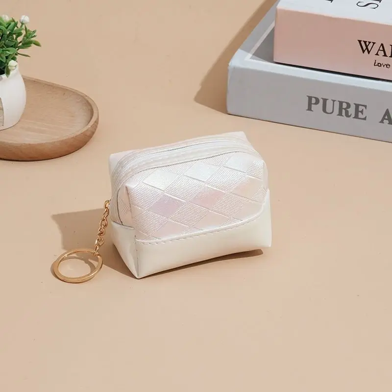 Women Quilted Splicing Short Style Purse PU Leather Gradient Zipper Coin Purse Lipstick Storage with Keychain Chain Handbag