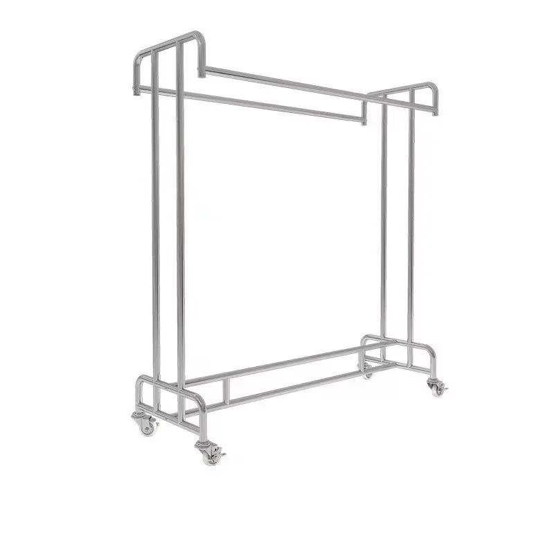 Clothing store stainless steel floor display rack, double bars and parallel bars mobile hanger