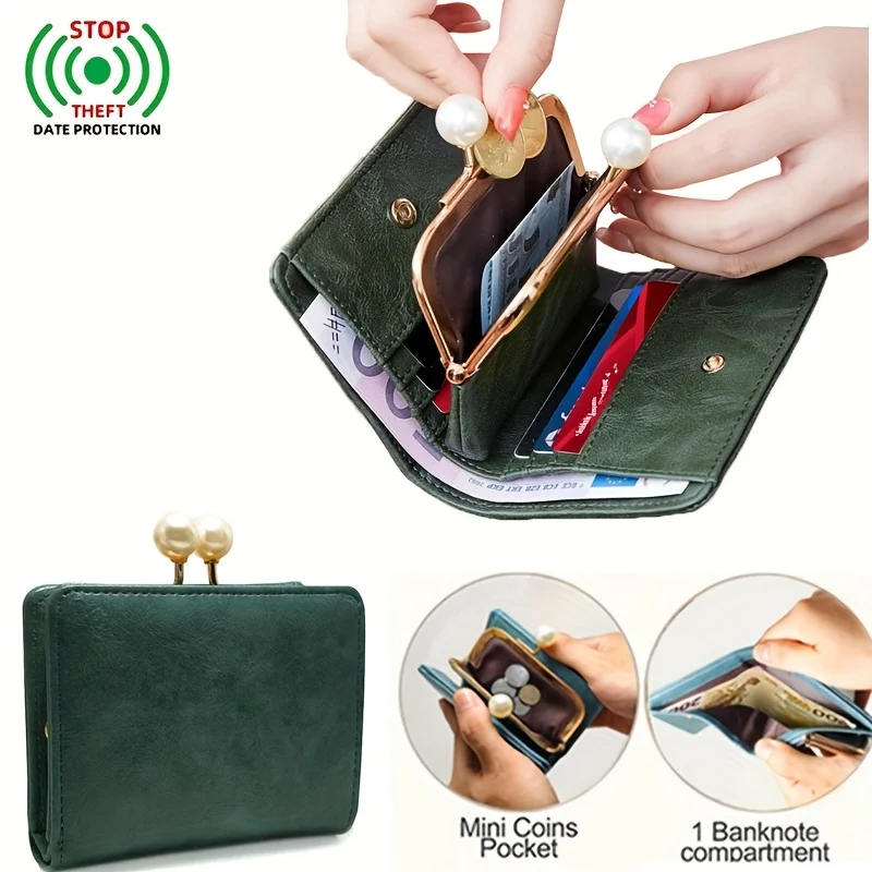 2026 new retro women's short wallet, pearl clip clutch bag, fashionable and minimalist, multi-functional, three-fold coin purse