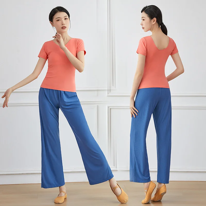 

V-neck classical dance practice suit, female adult dance suit, wide leg pants set, slimming Chinese dance suit, contrasting colo