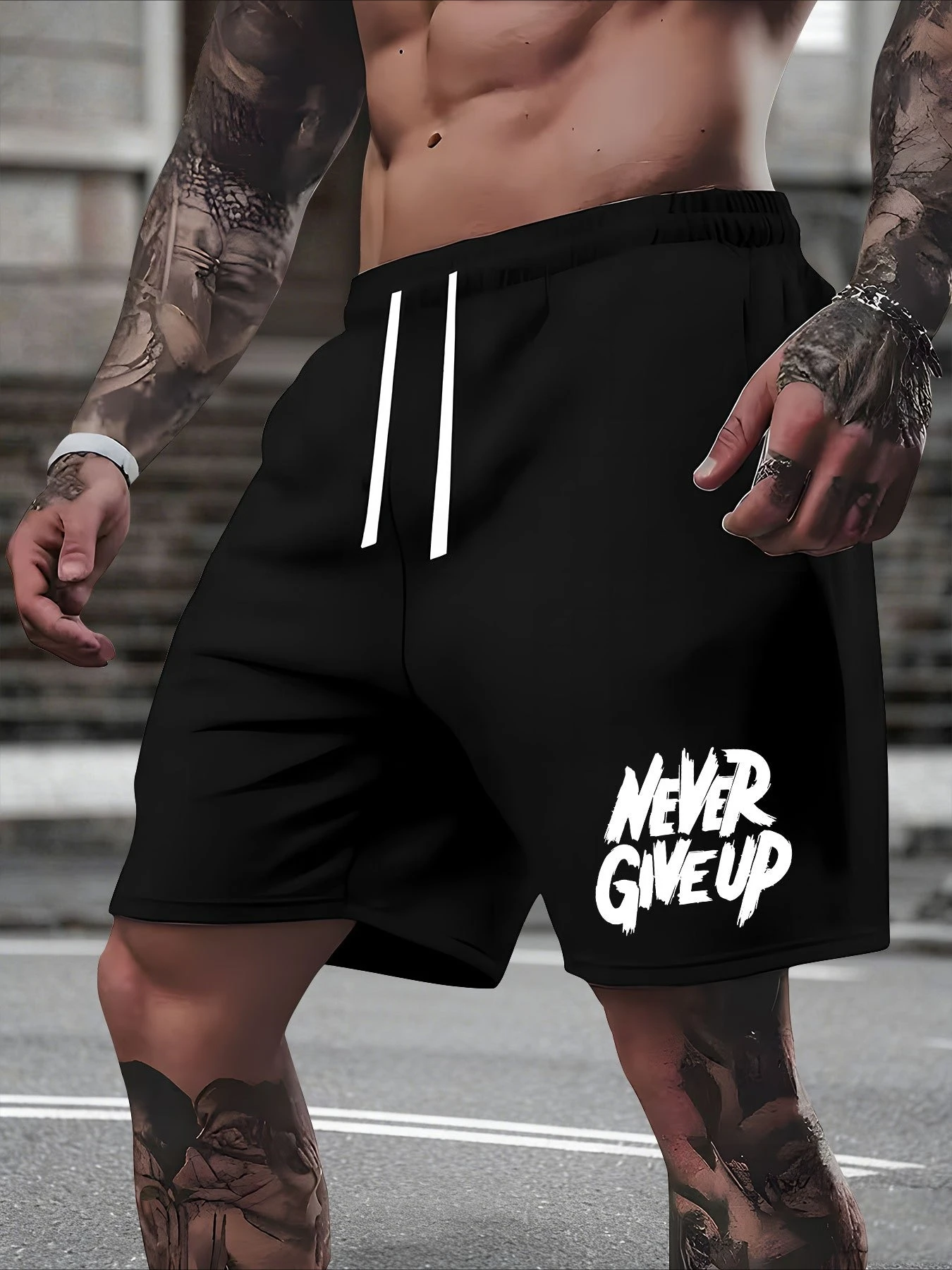 

Men's Summer Fashion Letter Print Casual Shorts Loose Fit Elastic Waistband with Drawstring Suitable for Everyday Wear