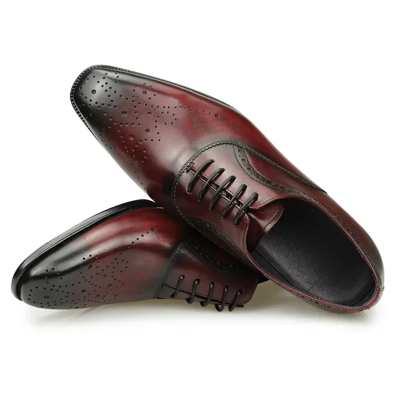 Luxury Dress Genuine Leather Shoes Mens Business Office Work Brogues High Quality Comfortable Formal Wedding Shoe Black&Wine Red