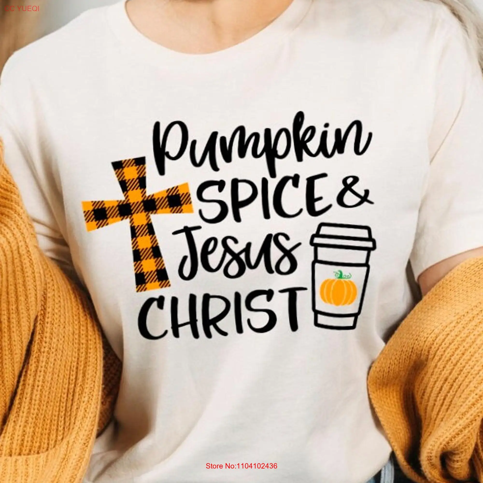 Pumpkin Spice and Jesus Christ T Shirt Plaid Fall Autumn Christian Patch Novelty long or short sleeves