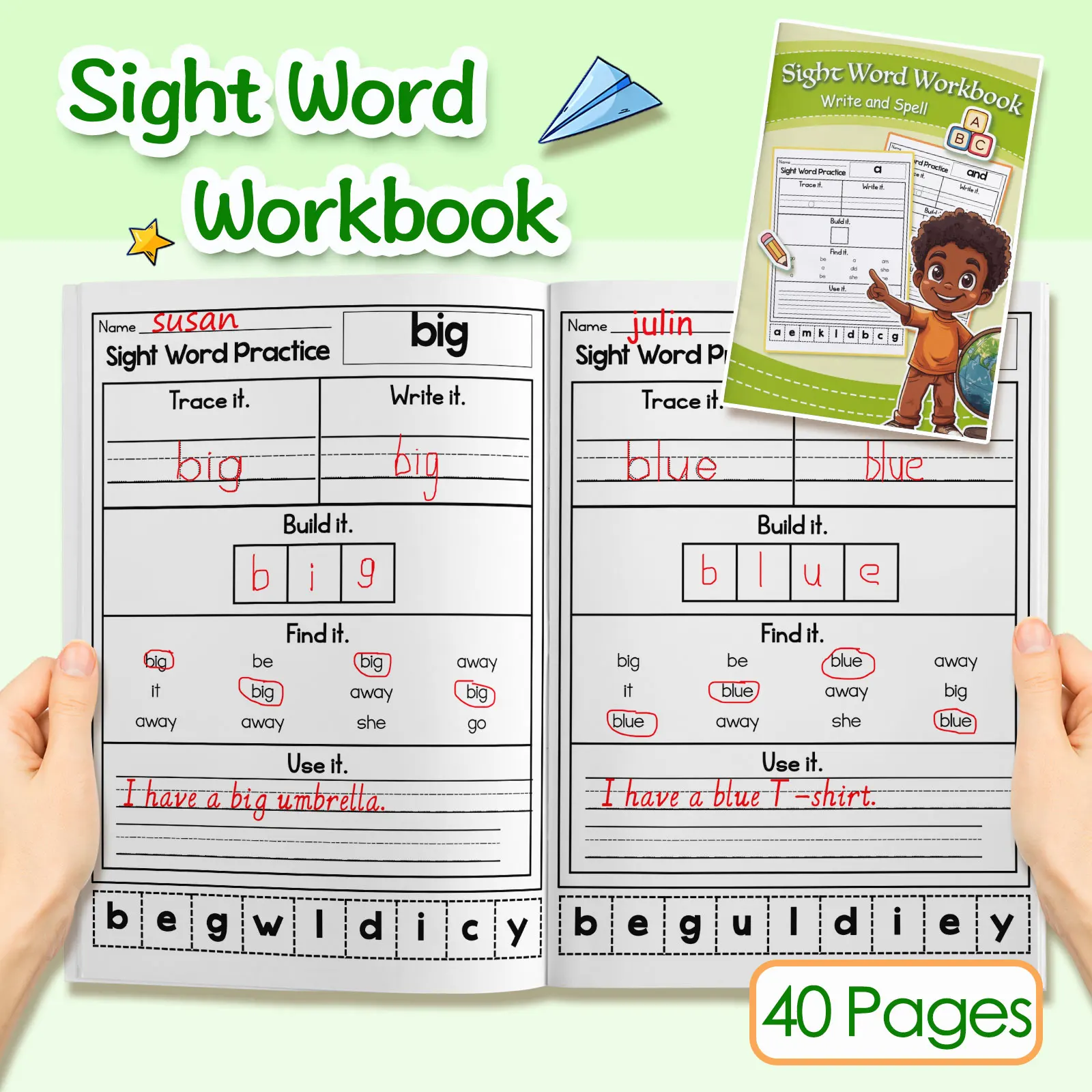 Kids English Word Coloring Book, Cute Cartoon Patterns, Preschool Early Learning Activity Book, Improve Toddler Hands-on Ability