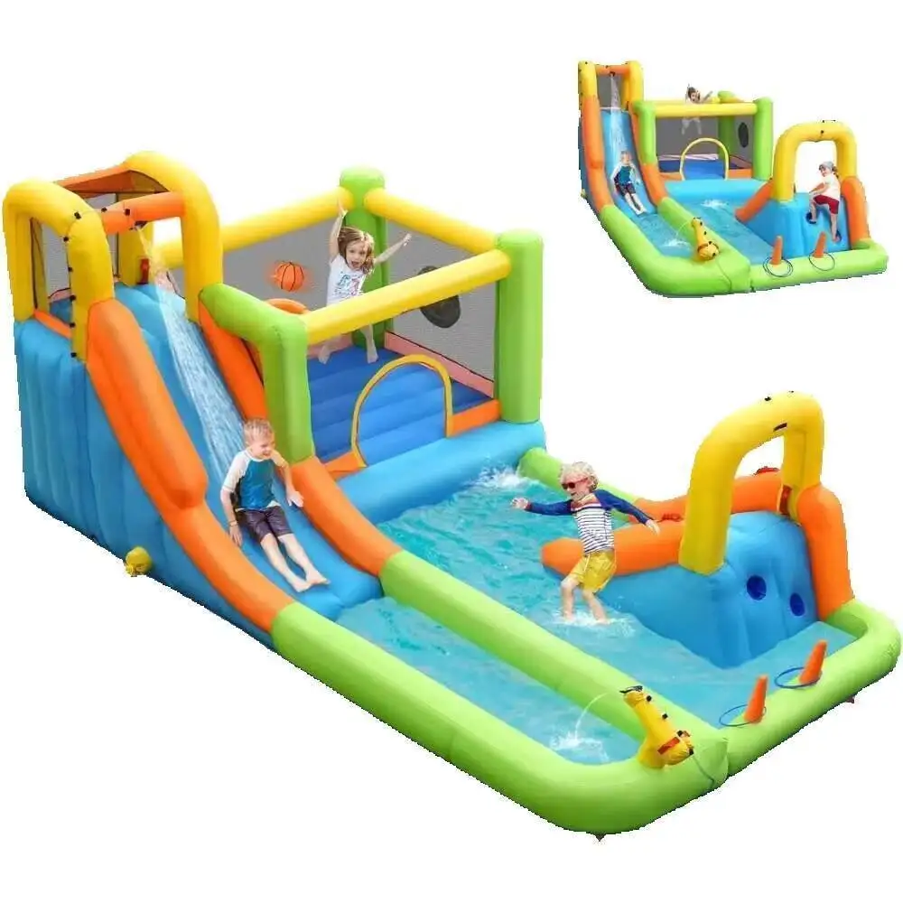 Casa de salto para parque de escorregadores aquáticos para diversão ao ar livre com escorregador longo, piscina de respingo gigante, escorregadores de água 8 em 1, escorregador inflável, piscina,