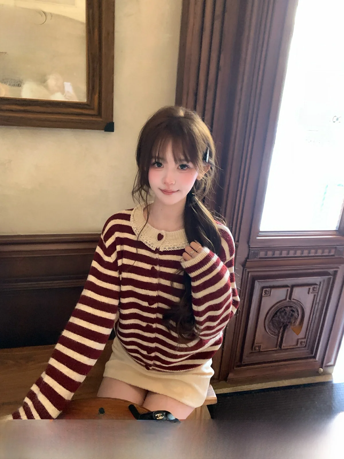 

ThePeachOfficial Korean Style Lace Trim Striped Wool Knitted Open Cardigan Women's Fashion Warm Long Sleeve round Neck Spring