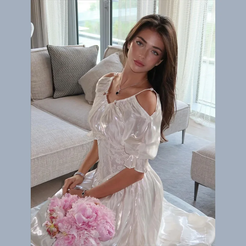 여성용 미드 슬리브 오프숄더 드레스 롱 퓨어 컬러 템퍼먼트 드레스 데이트 출퇴근 여성 의류 여성용 신상 캐주얼 의류