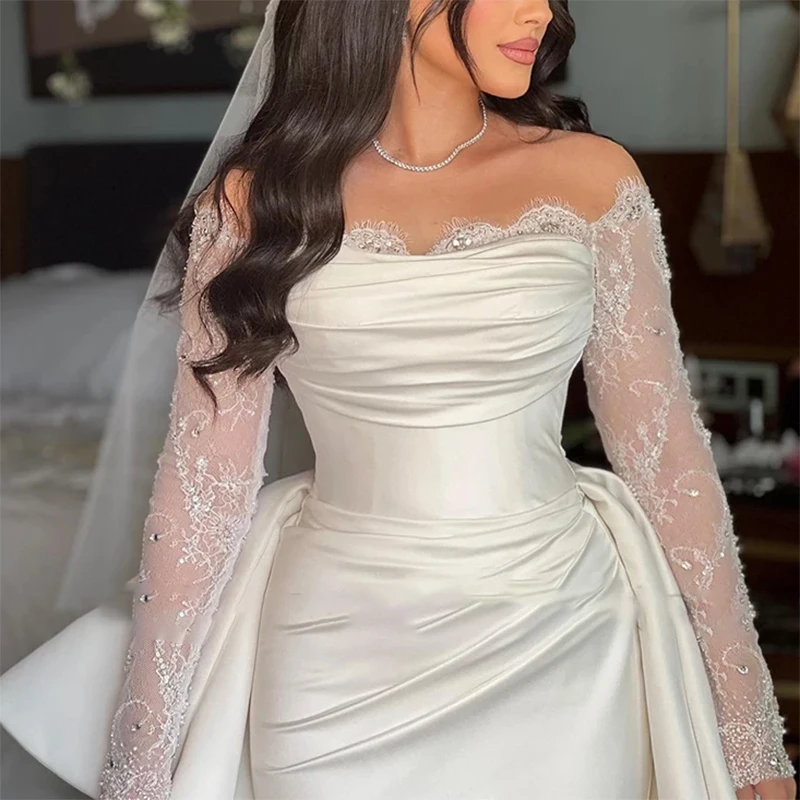 Temperament Off the shoulder Wedding Dress Lace Long Sleeves Beaded Court Train Gowns/Bride Wedding Dress فساتين سهرة