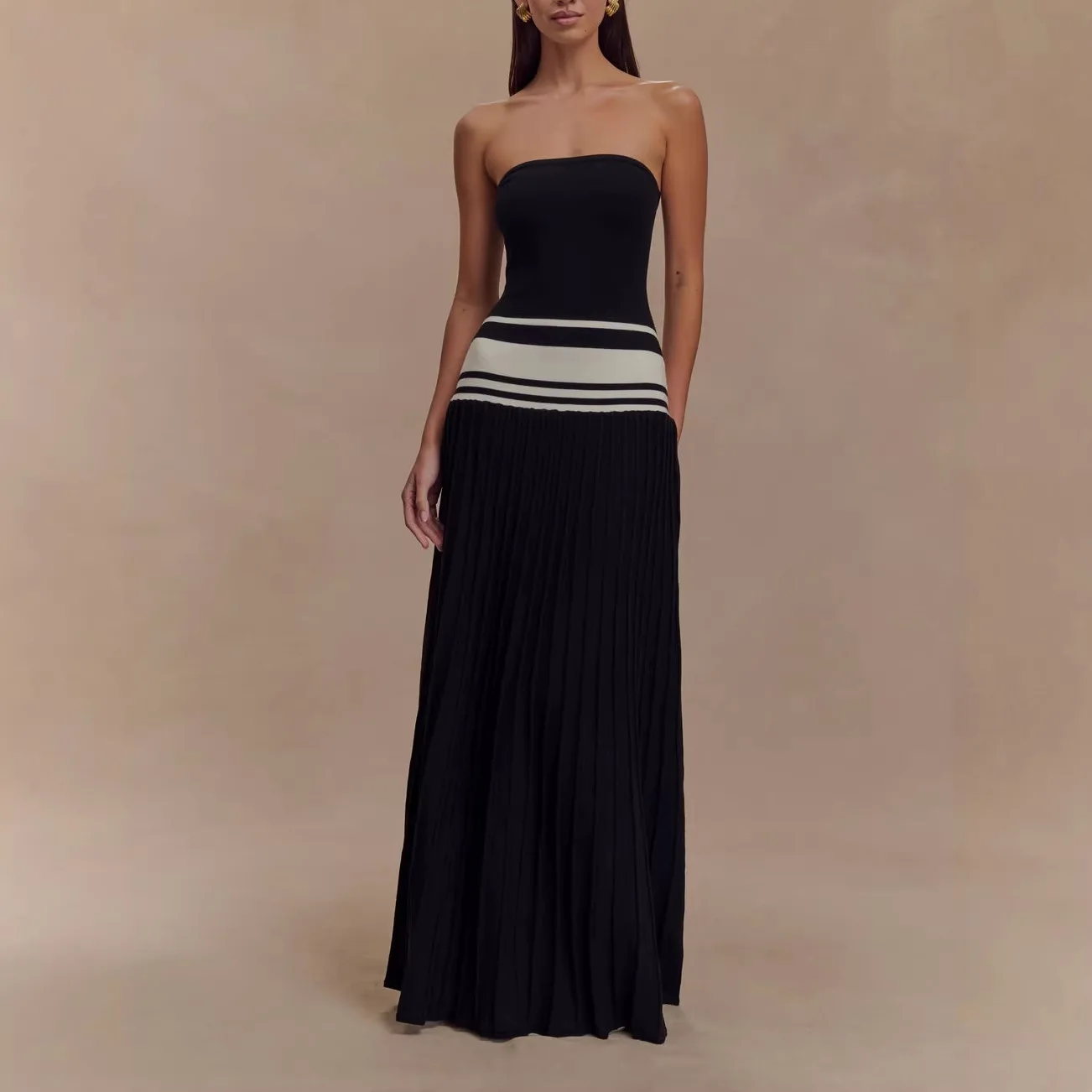 Strapless Striped Knit Pleated Dress Women Backless High Waist Loose Robe Female 2026 Summer New Chic Fashion Evening Dresses