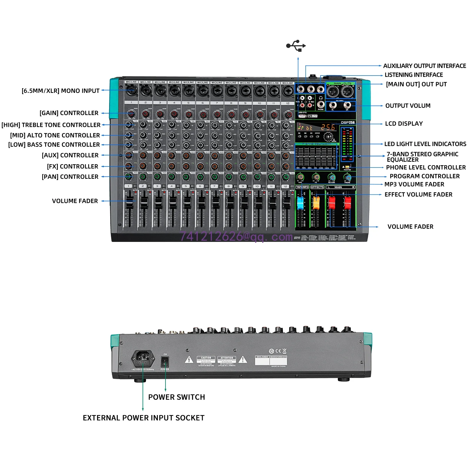 Audio Console Mixer USB Connection 12 Channels Digital Professional Audio Mixer Console