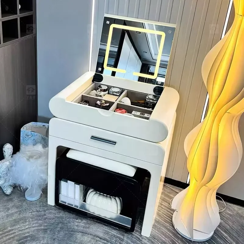 Modern Solid Oak Wood Flip-Top Dressing Table with Square LED Lighted Mirror Hidden Storage Stainless Steel Hardware for