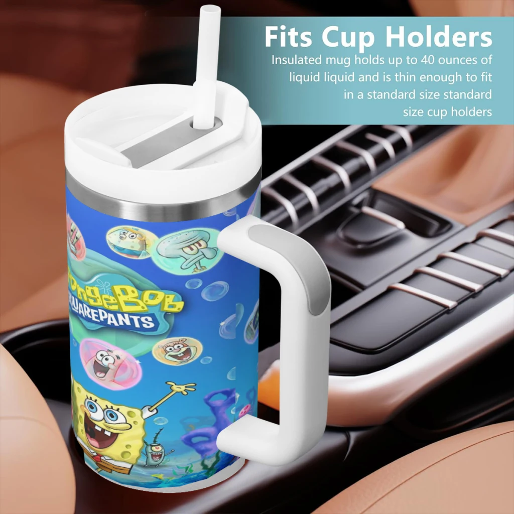 

Portable Outdoor Travel Drink Kid Water Bottle Car Travel Mugs Sponge-bob Cartoon Stainless Steel 304 Tumbler Water Bottle 40oz/