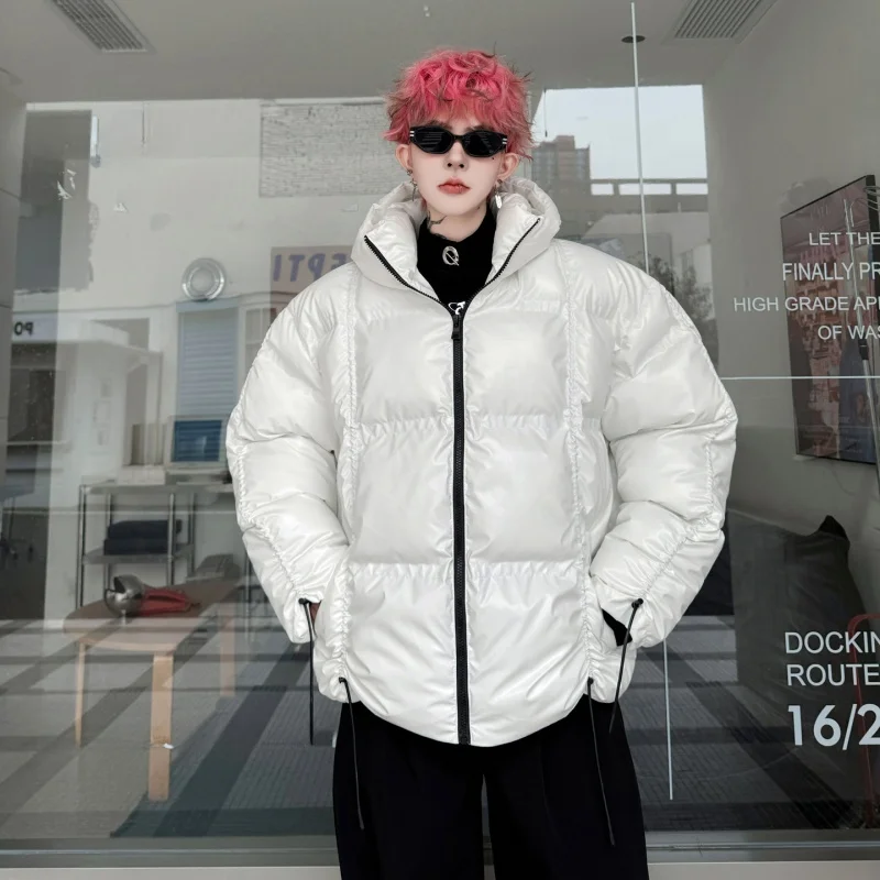 

Winter Thiened Cotton Jaet Men's Loose Fit Warm down Coat Hooded Dstring Zipper Youth Faion Casual Long Sve Coat