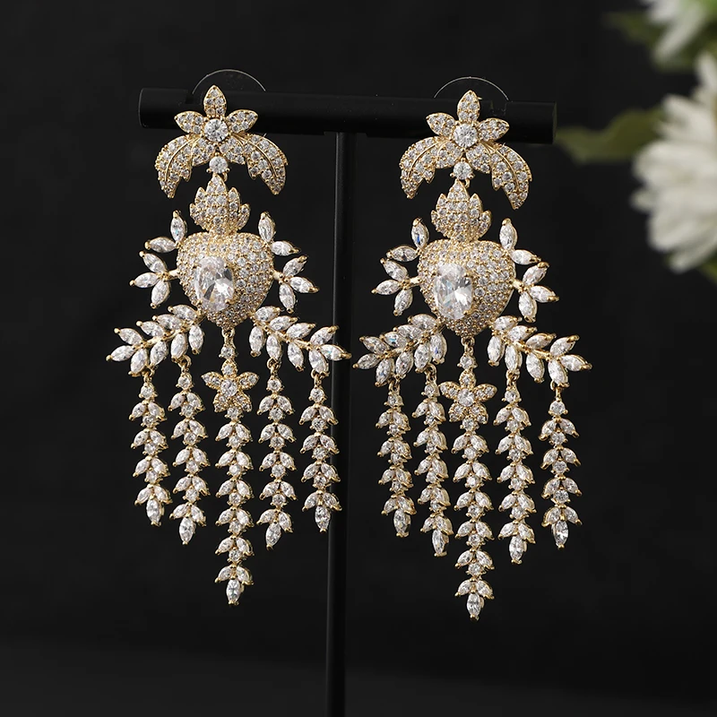 Luxury Long Tassels Bough Heart Dangle Earrings For Women Wedding Cubic Zircon Crystal CZ Dubai Indian Bridal Earrings A0178