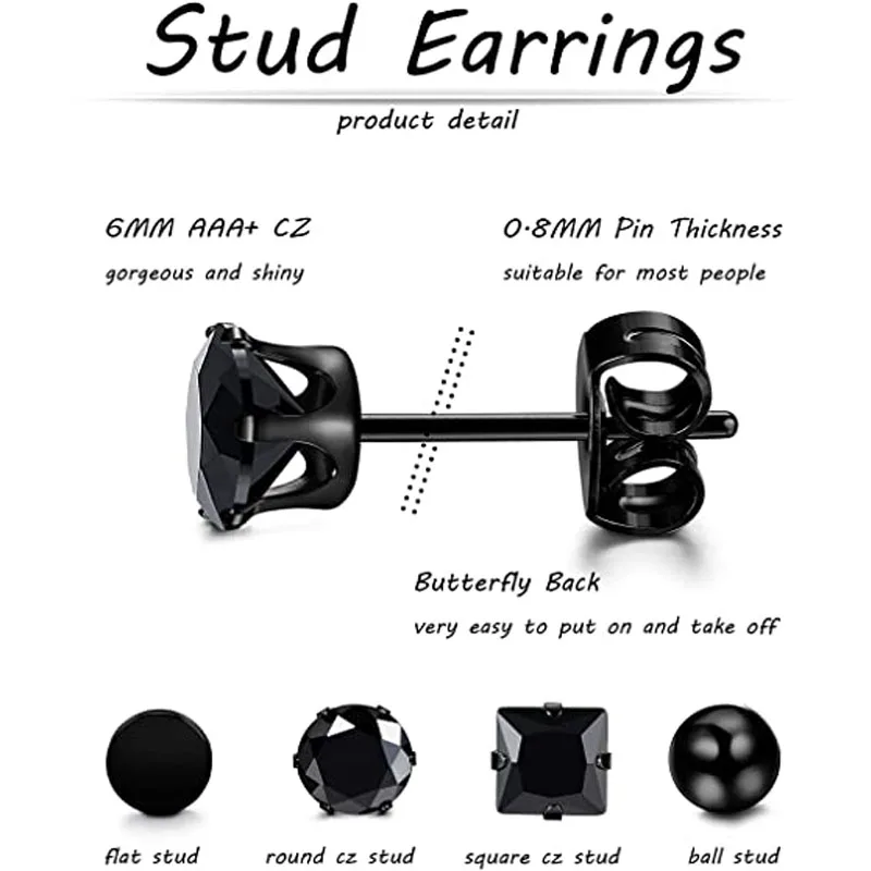 1 Pair/10 Pairs Stud Earrings Men's Women's Stainless Steel Huggie Earrings Set Small Round Ring Earrings Punk Black