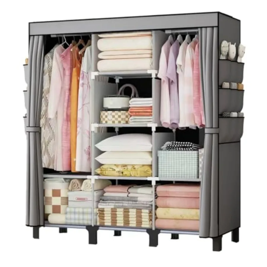 

Portable Wardrobe Easy Hanging Closet 6 Side Pockets Large Capacity Clothes Organizer Comes with 2 Hanging Poles and Shelves Wi
