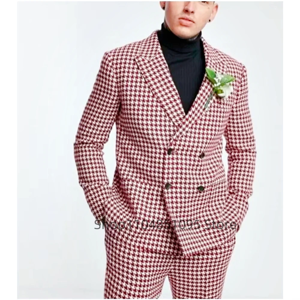 

Men's Pink Houndstooth Two Pieces Suit Double Breasted Peak Lapel Blazer Pants Set for Party Prom Business Tuxedos Wedding Suits