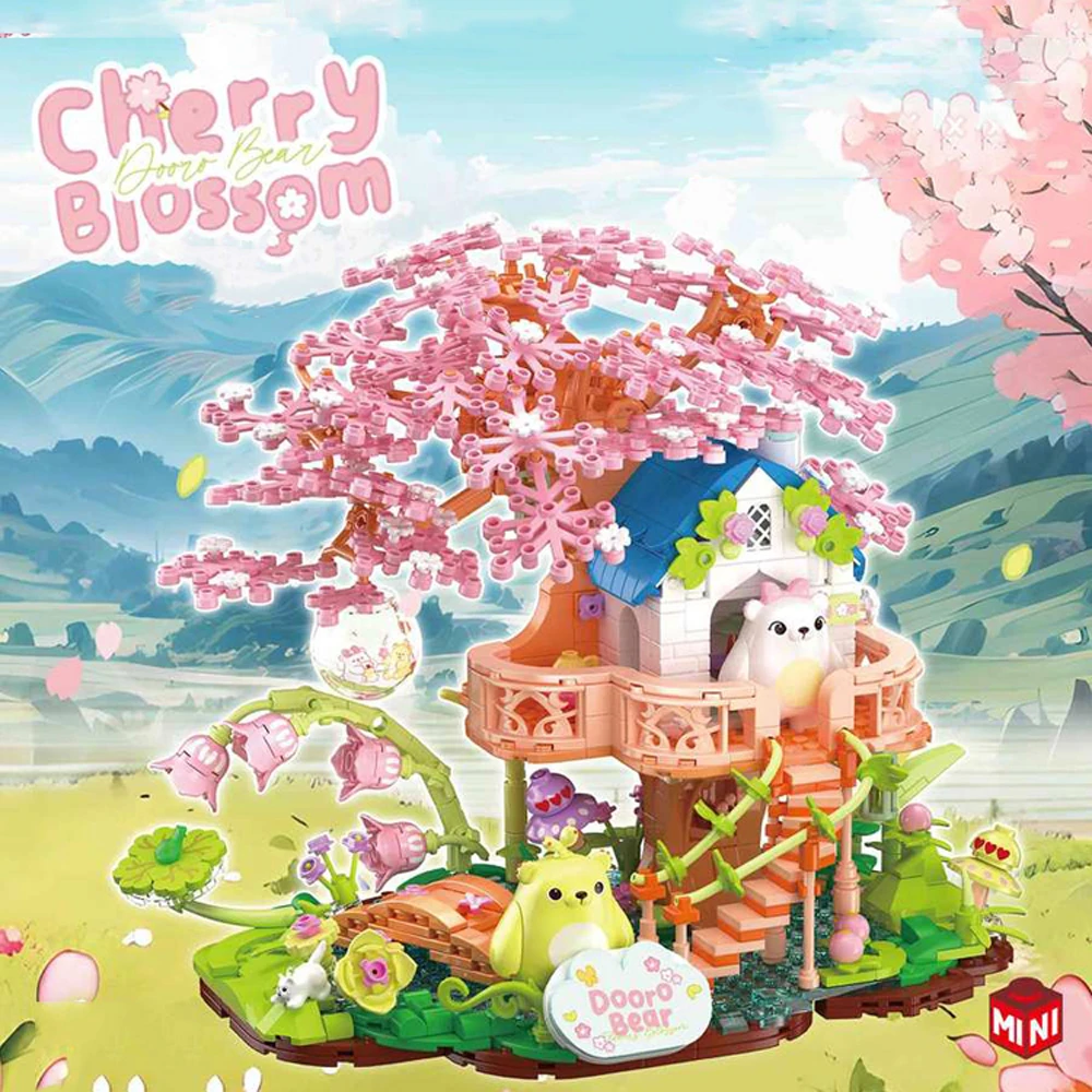 Klocki Mini Domek na Drzewie Sakura z Motywem Misia z Kreskówki, Model do Budowania z Klocków z Kwiatami Wiśni, Zestaw Konstrukcyjny, Zabawka na Prezent