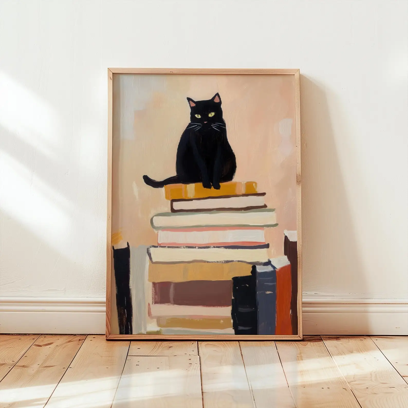 Modern Abstract Cat Poster Cat Sitting on Books Art Print Unframed Reading Nook Wall Art Gift for Cat Lover Cozy Wall Art Poster