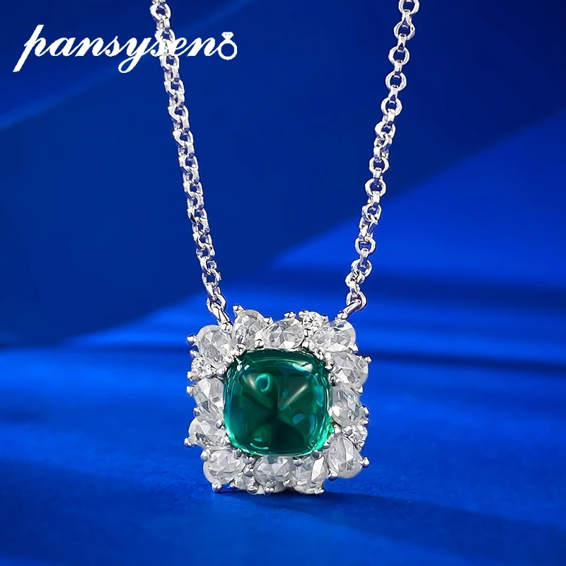 

PANSYSEN Vintage 100% 925 Sterling Silver 7MM Emerald High Carbon Diamond Pendant Necklace Anniversary Party Women Fine Jewelry