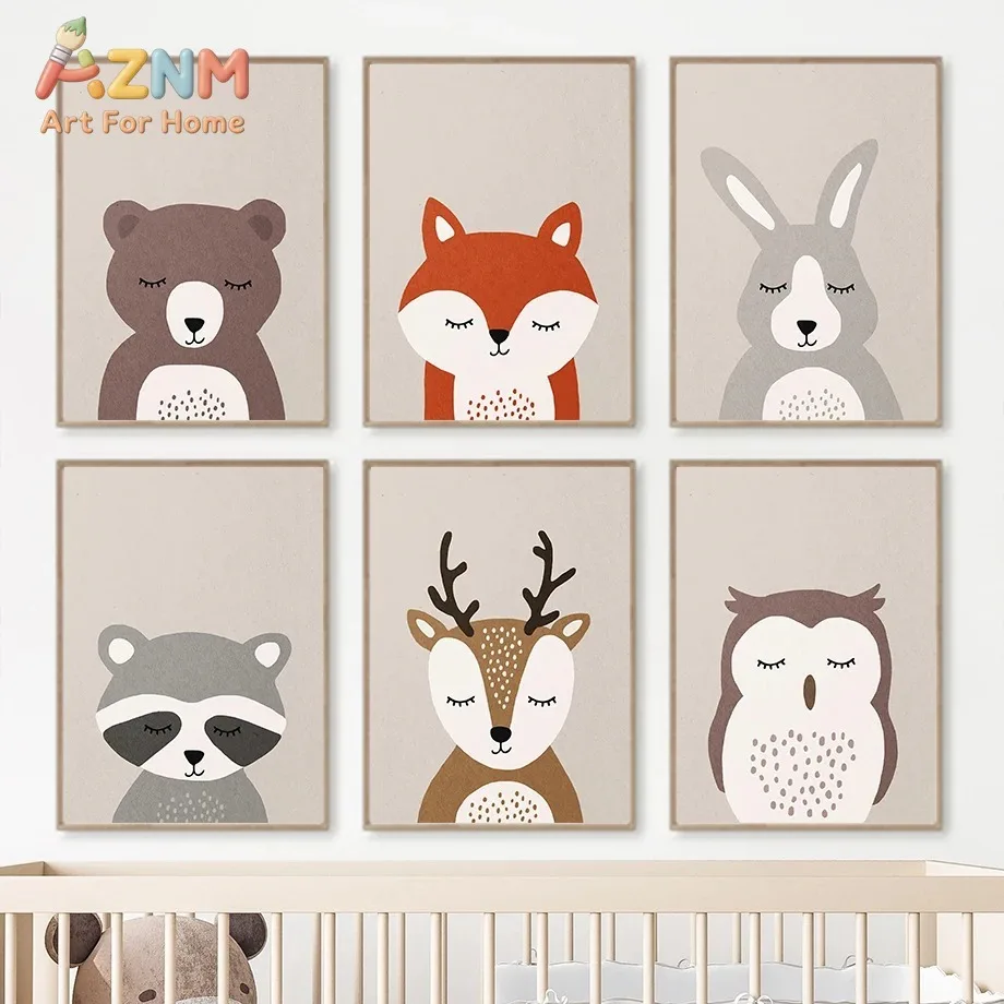 Cartoon Deer Bear Fox Raccoon Owl Rabbit Nordic Posters And Prints Wall Art Canvas Painting Animal Wall Pictures Kids Room Decor