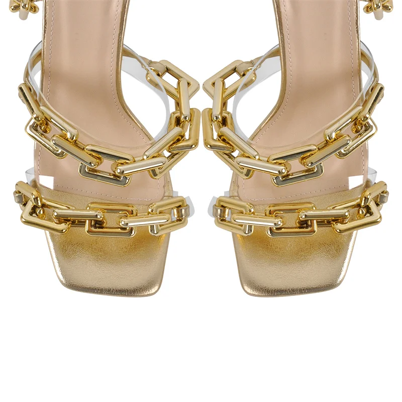 Onlymaker Women Gold Square Toe Metal Chain Lace-up Stiletto Sandals Open Toe Sexy Party Stiletto Sandals