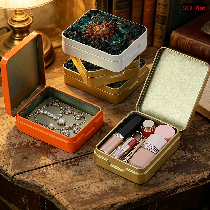 Vintage Sun Face Wave Theme Small Object Storage UV Printed Flip Top Tin Box, Portable Personalized Photo Tinplate Box