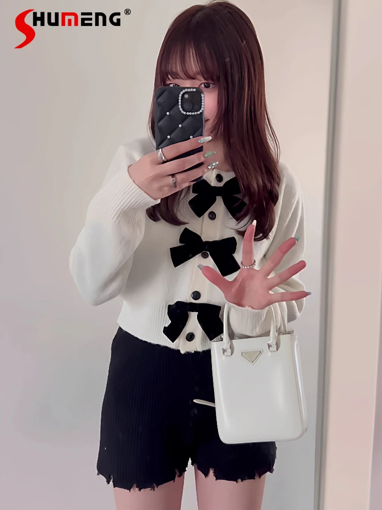 

Japanese Style Elegant Sweet Bow Round Neck Long Sleeve Single-Breasted Knitted Sweater Loose Casual Short Cardigan Women Autumn