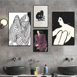 Retro Vintage Abstract Canvas Print Painting Poster Purple Lines Woman DIY Sticky Poster Fancy Wall Sticker ForWall Decor