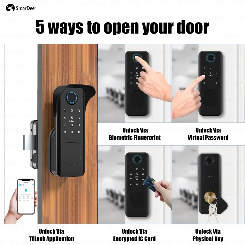 SmarDeer Electronic lock with Bluetooth Fingerprint Lock Outdoor waterproof smart lock with TTLock App Unlock 5IN1 Keyless entry