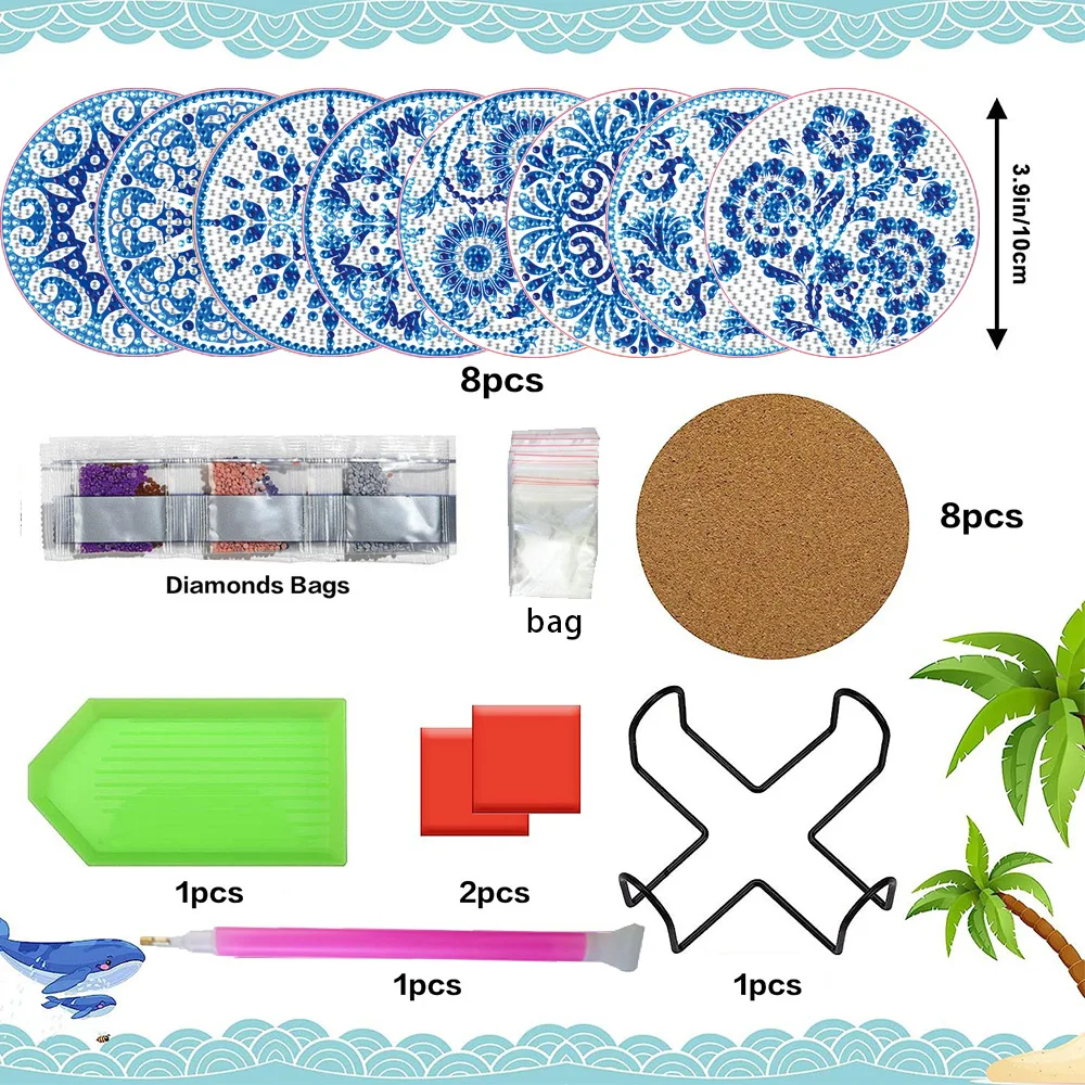 

Mandala Diy Cup Mat Insulation Pad Blue And White Porcelain Pattern Diamond Painting Full Diamond Handmade Acrylic Wooden Pad
