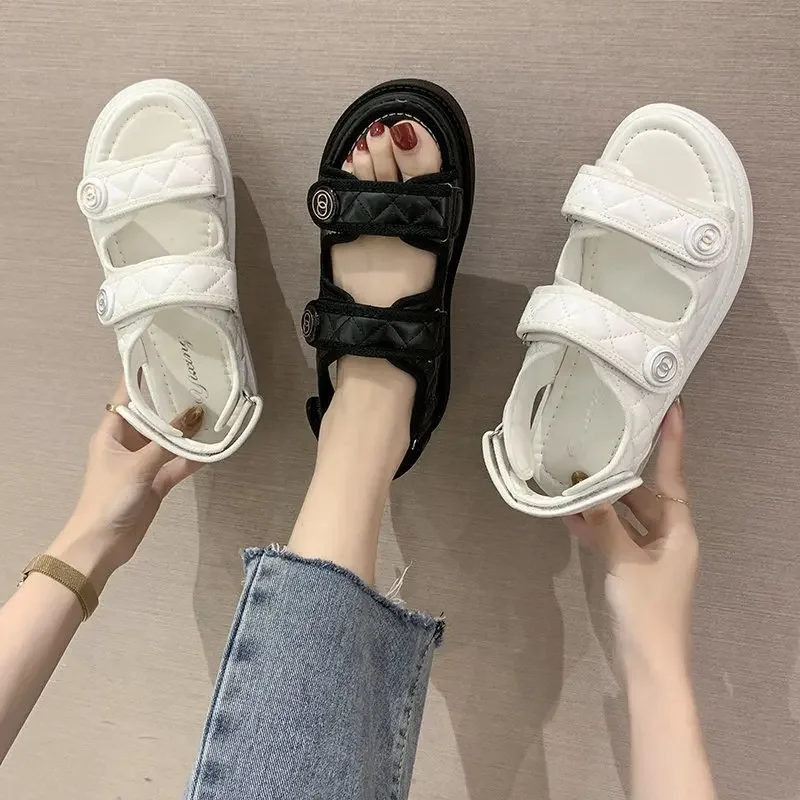 2024 New Sandals Women\'s Brand Design Summer Flat Bottom Genuine Leather Black White Color Sports Soft Sole Fashion Roman Shoes