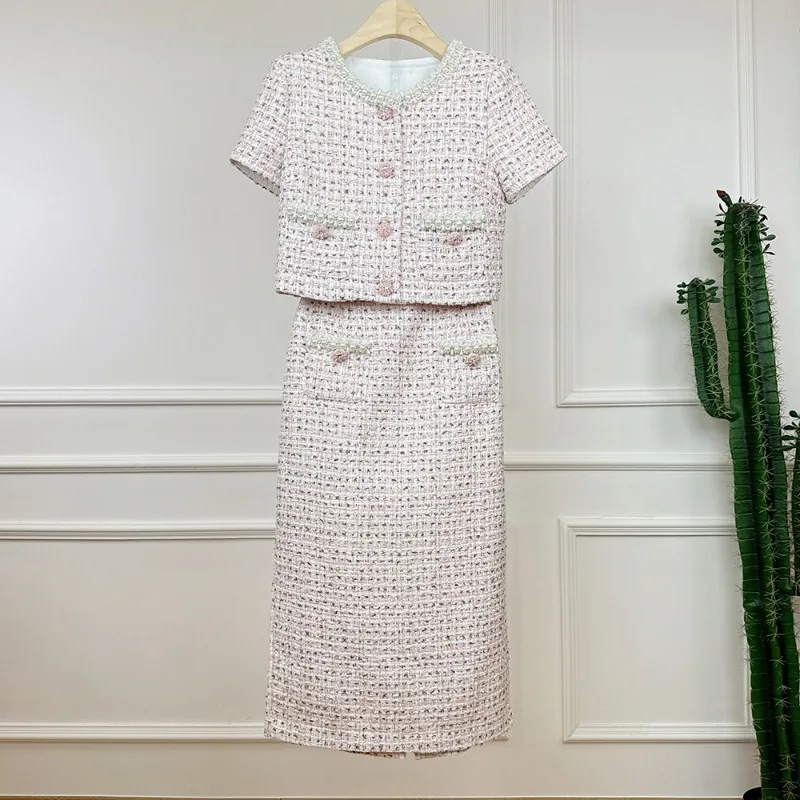 

Women French Small Fragrance Tweed Short Beaded Top + Hip-cover Skirt Set Fashion Vintage Luxurious High Quality Two-piece Set