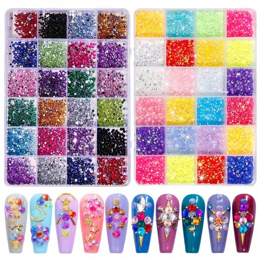 3500Pcs Acrylic Round Resin Flat Bottom Color 3D Glitter Gems Rhinestones DIY 3D Nail Art Decoration Manicure DIY Design