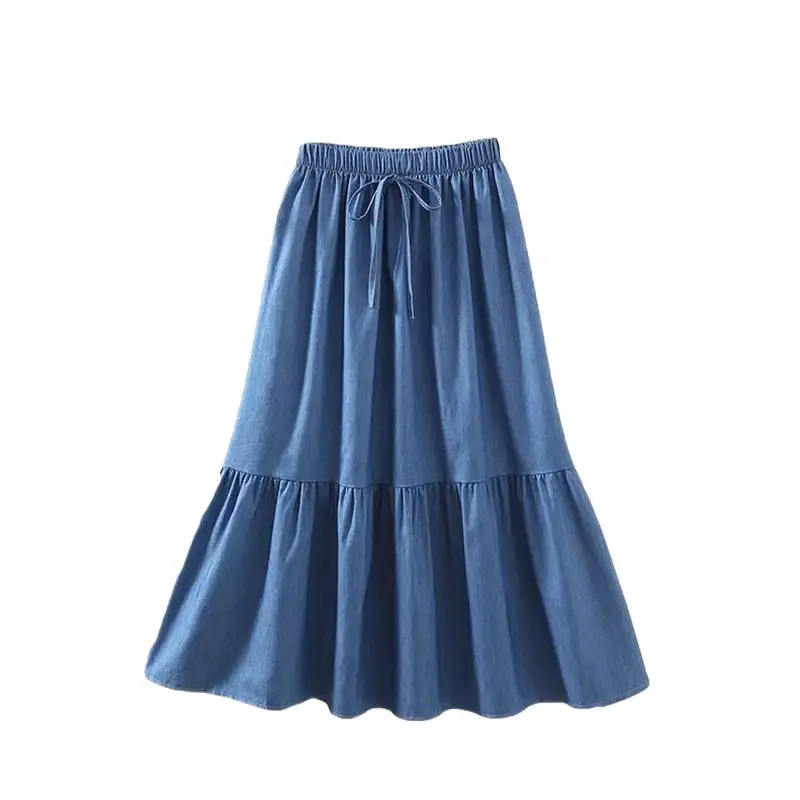 Denim Skirt Summer Women 2026 Fashion Casual A-Line Autumn Pleated Elastic Waist Solid Skirts plus size skirts 5XL 6XL