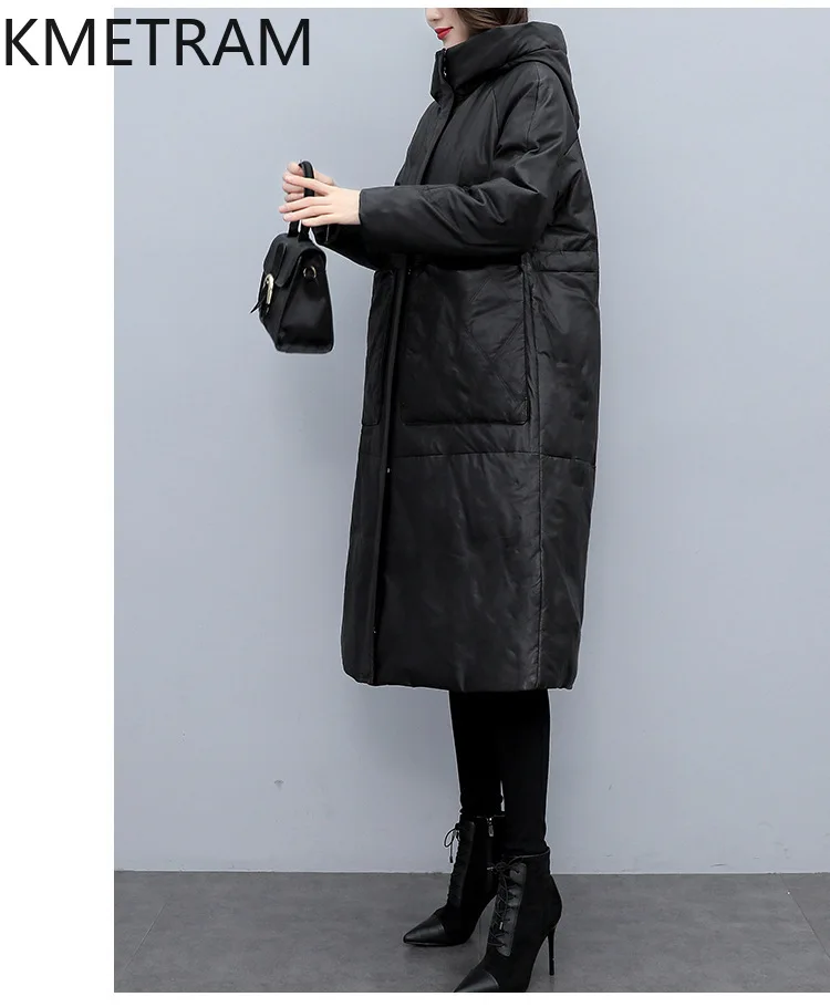 White Duck Down Leather Puffer Jacket Women Real Sheepskin Long Down Coats with Hood Womens Winter Clothes 2024 Пуховик Женский — zdjęcie 3