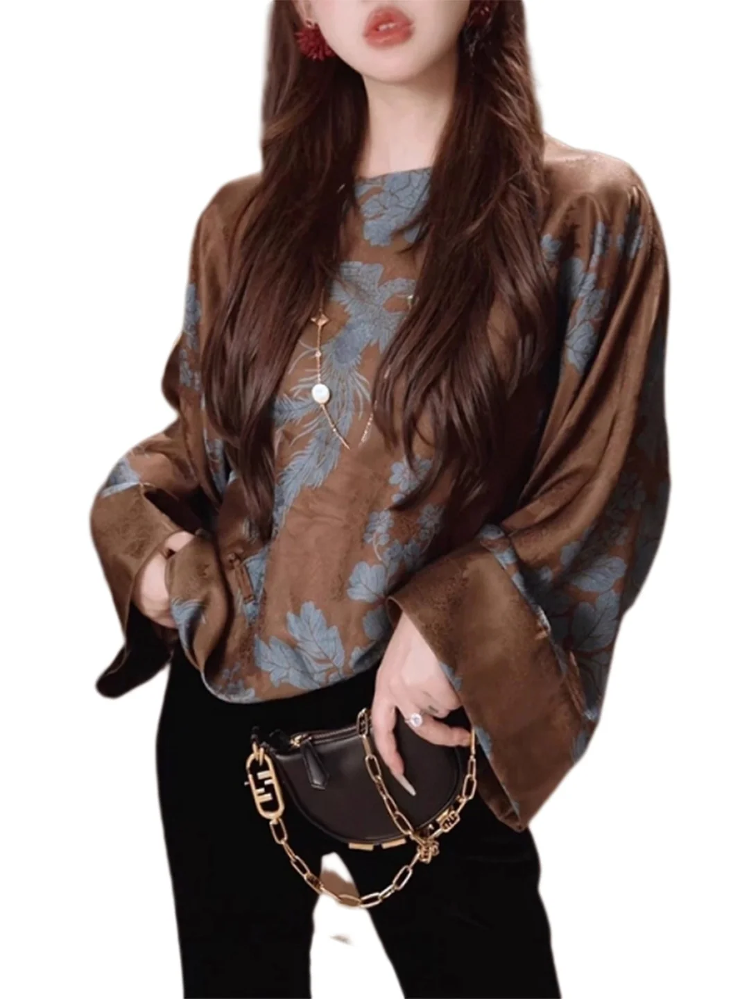 Novo chinês sle solto respirável faion irt outono temporada floral impressão botão acima topo feminino plus size casual wear