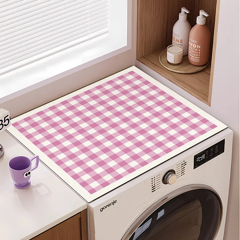 VIKAMA Pink White Plaid Washing Machine Cover Mat Pastel Check Grid Print Waterproof Anti Dust Dryer Cabinet Surface Pad