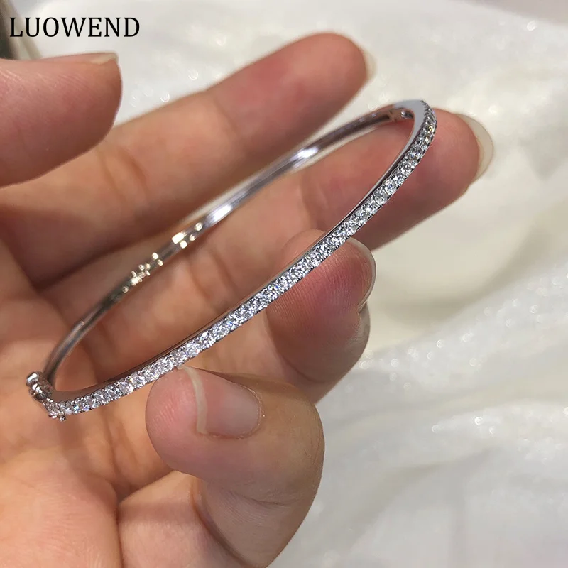 LUOWEND 100% 18K White Gold Bangle Real Natural Diamond Bangle for Women Wedding Jewelry Luxury Elegant Design High Jewelry