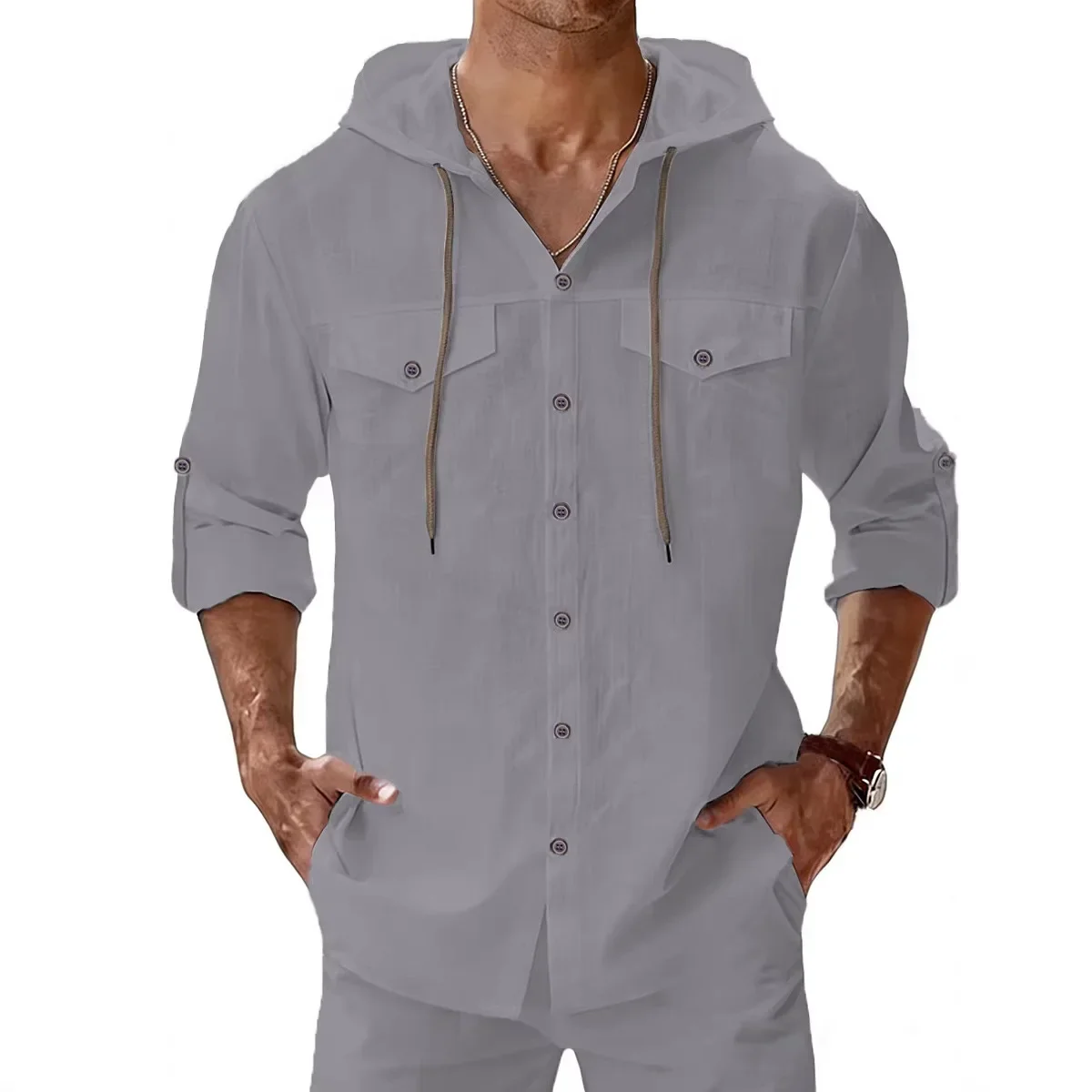 

2026 Spring Summer Men's Hooded Shirts Solid Long Sleeve Casual Shirt Fashion Breathable Beach Blouse Male Sports Hooded Tops