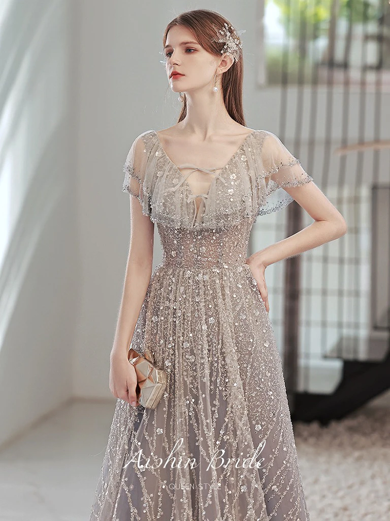 Luxury Gray Evening Dress Exquisite V-Neck Ruffle Flare Sleeve Tulle Beading Glitter Sequins Banquet Wedding Birthday Prom Gowns