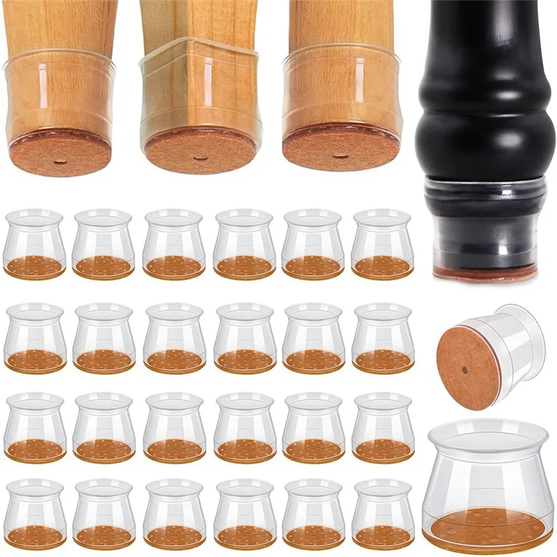 

A18R -Chair Leg Floor Protectors 24 Pack Clear Silicone Cap With Felt Pad Bottom For Hardwood, Fits Most Furniture