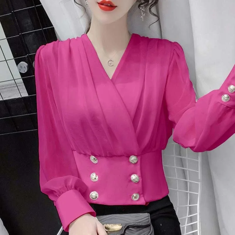 2024 Autumn New Long Sleeve Chiffon Shirt Elegant and Fashionable Waist Wrapped Bubble Sleeve Short Bottom Shirt Top N133