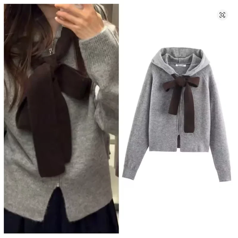 

Autumn Winter New Arrival Women's Knitted Jacket with Knot Gray Long-Sleeve Knitted Hoodie with Bow Casual Fashion Coat