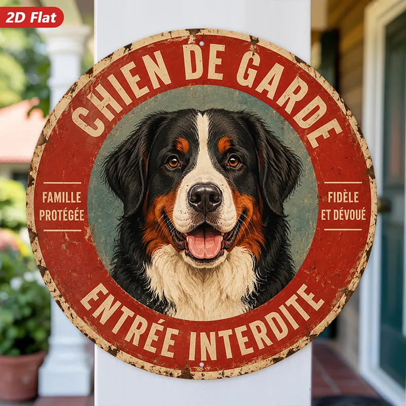 2D Flat, [2D Flat] 2D Flat Print 1pc Round Metal Iron Sign Guard Dog Vintage Wall Art, Bernese Mountain Dog Portrait, Chien De G