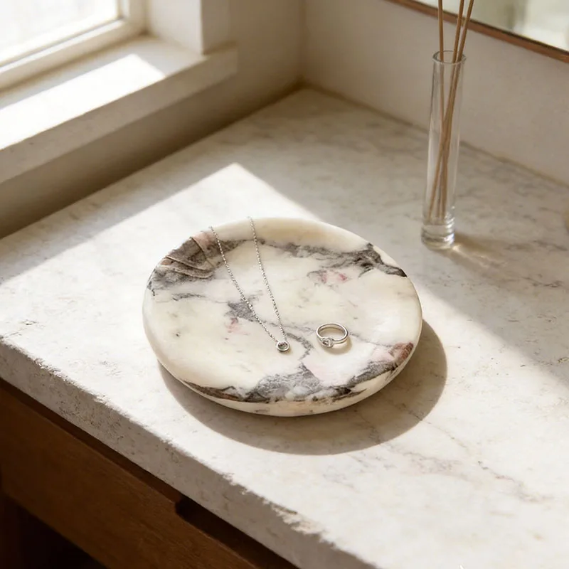 10CM Natural Marble Jewelry Dish Round Stone Ring Tray Small Trinket Organizer Decorative Coaster for Vanity Bedroom Bathroom Ho